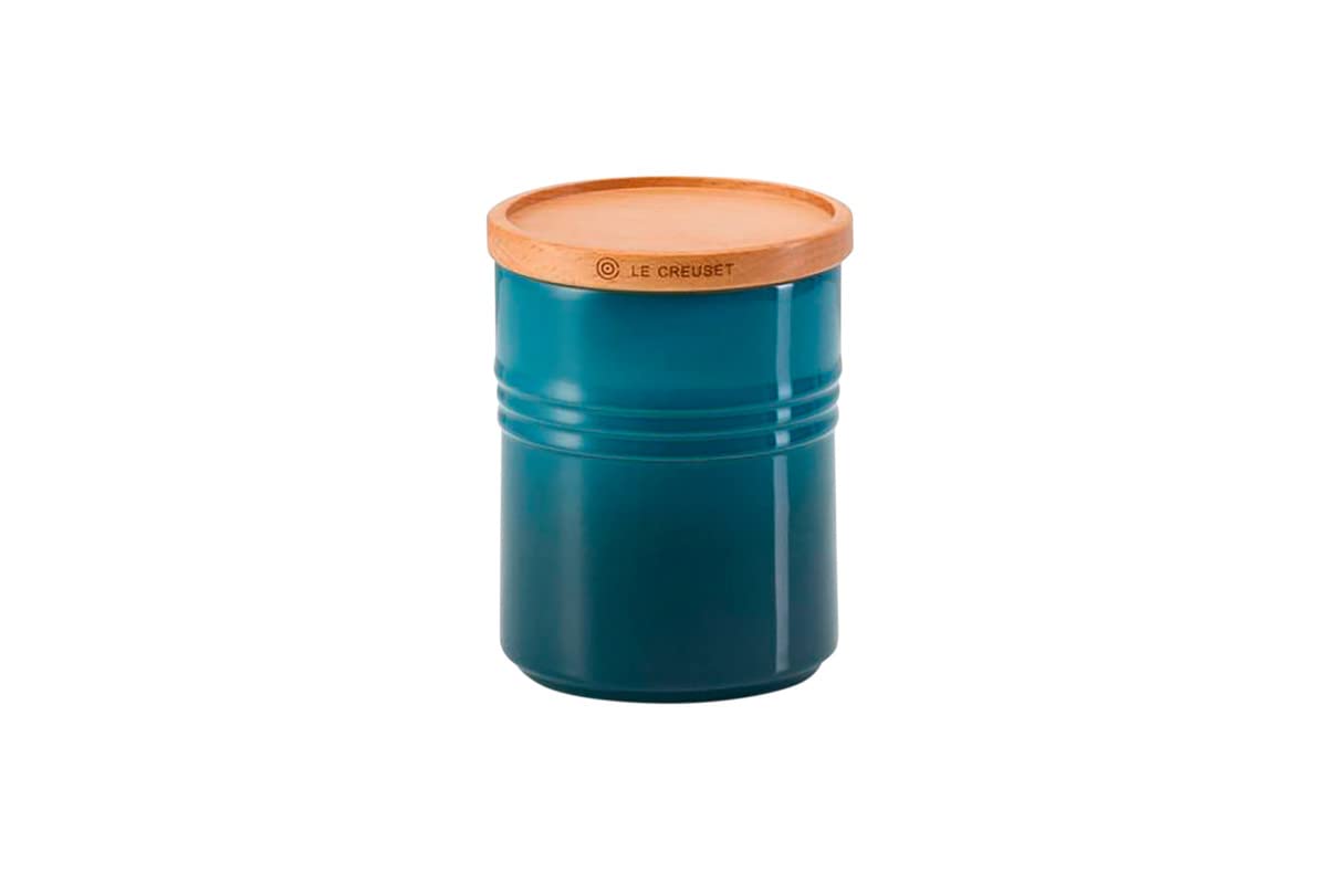 le-creuset-pot-de-conservation-m-c-ramique-540-ml-deep-teal-avec-couvercle-bois image 1