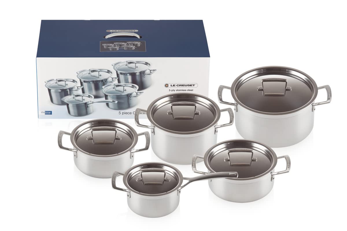 le-creuset-set-10-pi-ces-inox-3-ply-avec-couvercles-argent image 1