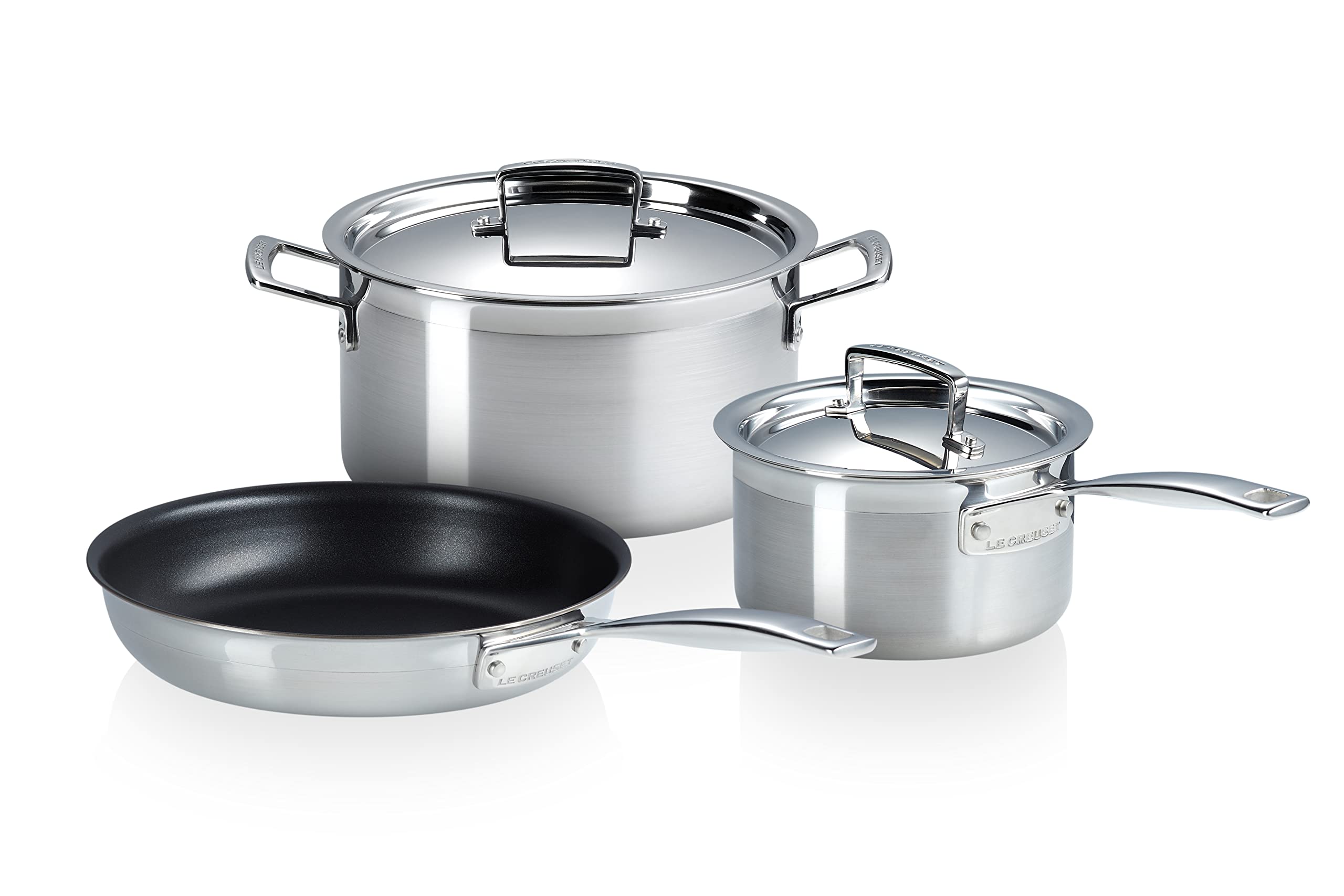 le-creuset-set-3-pi-ces-inox-classique-po-le-24-cm-faitout-24-cm-casserole-16-cm image 1
